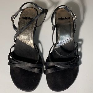 Unlisted Fabric Strappy Sandals Size 7.5 Black Satin Curved Heel